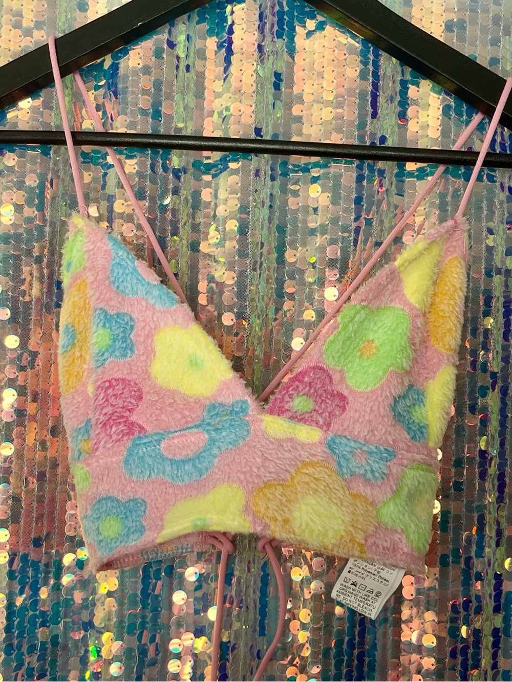 90s VIBES Fuzzy Floral Bralette - Pink Multicolor